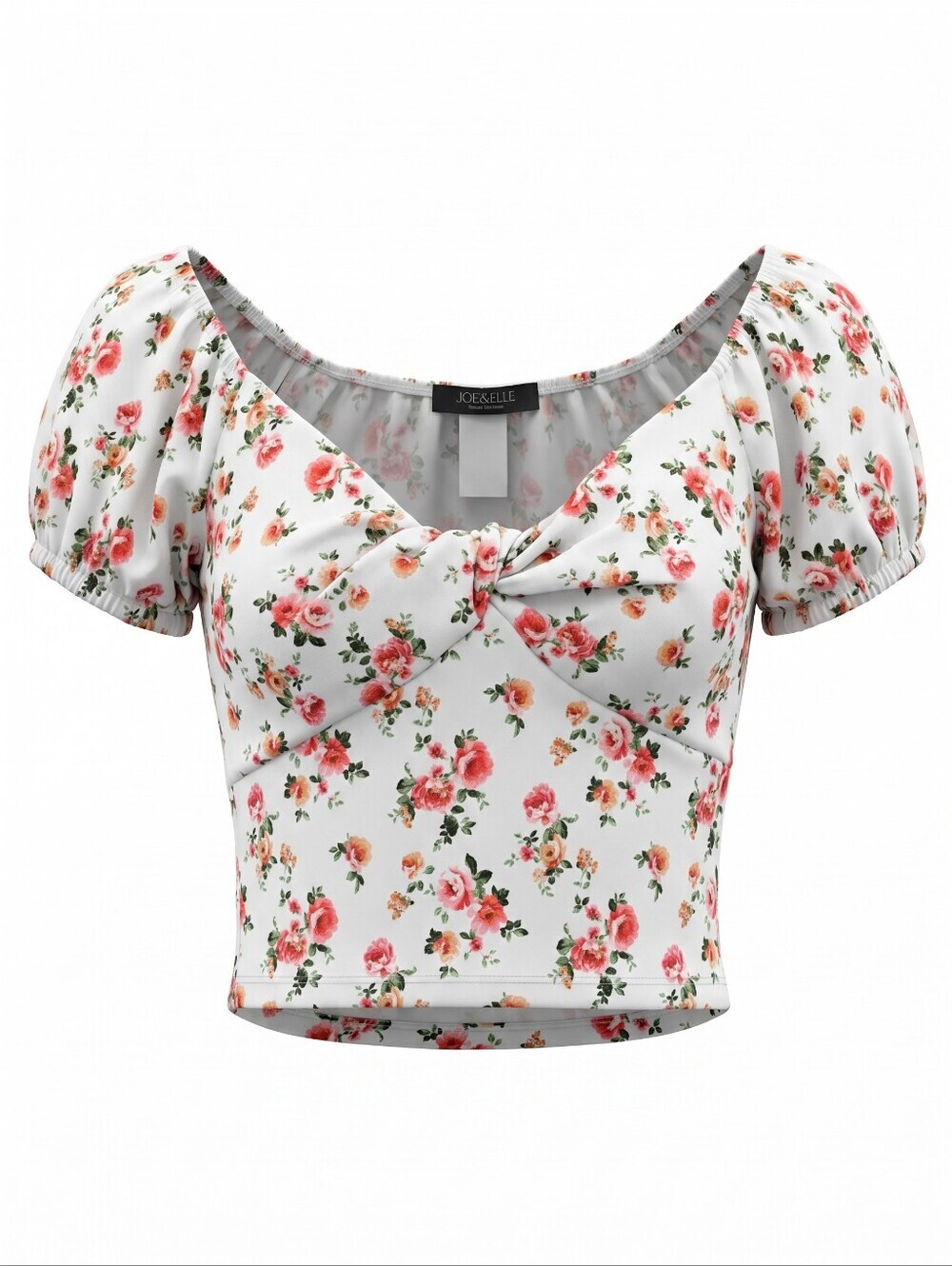 Joe & Elle White Floral Twist-Front Puff Sleeve Crop Top
